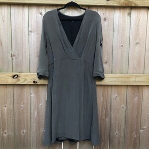 Lafayette 148 Silk Midi Wrap Dress Olive Green 3/4 Sleeve Roll Tab Size 8